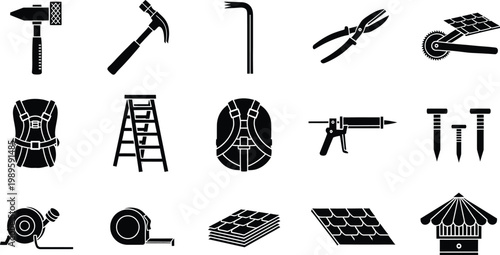 Collection of roofing tools and equipment icons including hammers ladder and safety harness