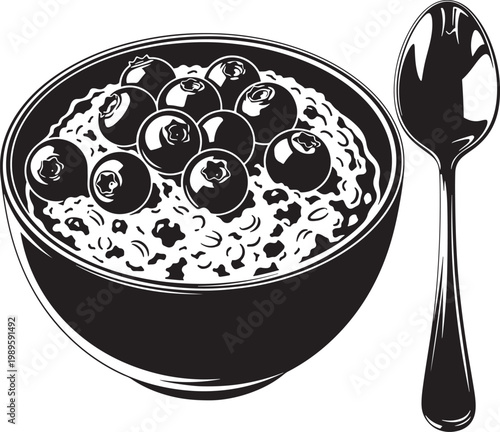 Black and White Illustration of Oatmeal with Blueberries and Spoon