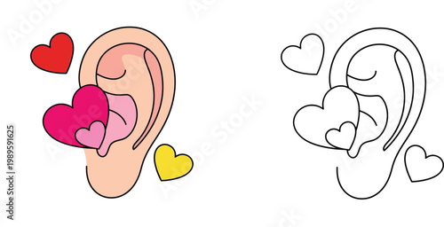 Human Ear with Colorful Hearts Illustration and Line Art Outline for Kids Health Education Empathy Communication Listening with Love Concept and Coloring Page Vector Art