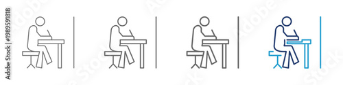 A workspace is depicted with someone sitting and writing on a desk, along with a partition as a divider. It is created with various line thicknesses and the color blue.
