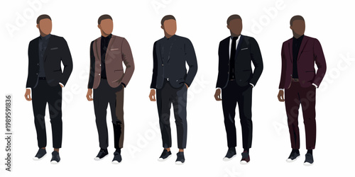 Five men shown in different styles of suits and formal wear