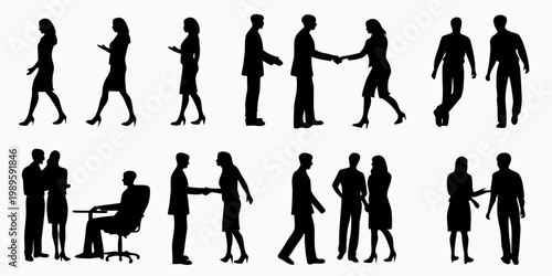 Diverse silhouettes of people interacting in professional and casual settings