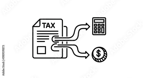 Tax, finance, and accounting icons, tax document, calculator, and money
