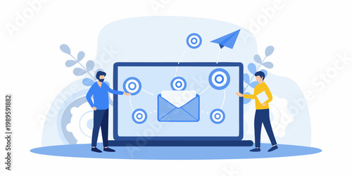 Targeted marketing campaign visualized on a laptop screen with two professionals