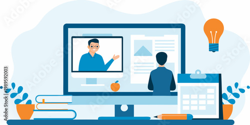 Online learning session featuring a teacher and a student with study materials