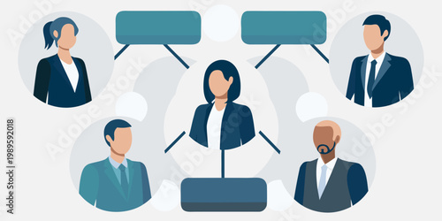 Diverse group of professionals connected by speech bubbles in a network
