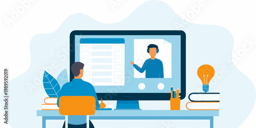 A person attends an online class or meeting via a computer screen