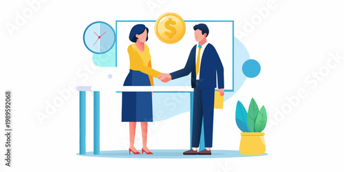 Business professionals shaking hands finalizing a deal with a clock nearby