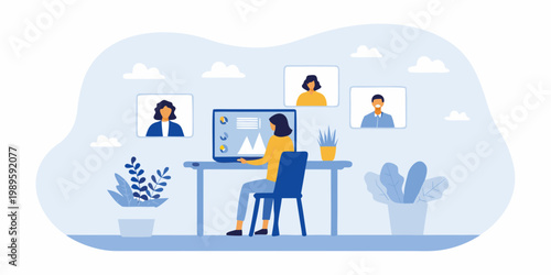 Woman participates in a video conference call while working remotely