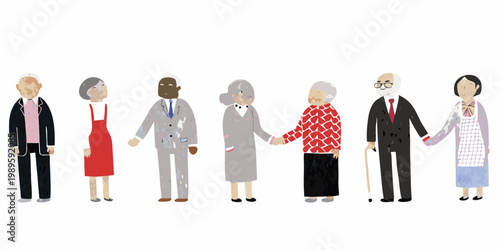 Diverse group of people holding hands in a linear illustration
