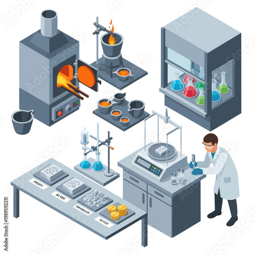 Isometric Illustration of a Metallurgical Laboratory with Equipment and Scientist.