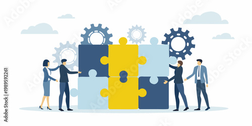 Business professionals collaborating to complete a puzzle representing teamwork