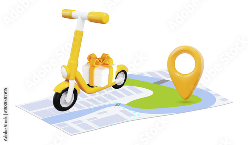 3d yellow scooter, gift box, map location pointer. Pin code icon of the geolocation map. Stock vector illustration on isolated background.	