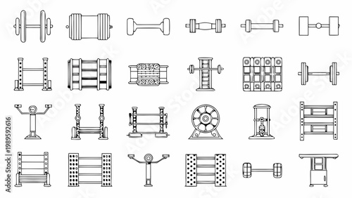 Line art illustration depicting various gym equipment and fitness tools