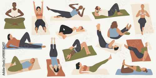 Diverse group of people practicing various yoga poses on exercise mats