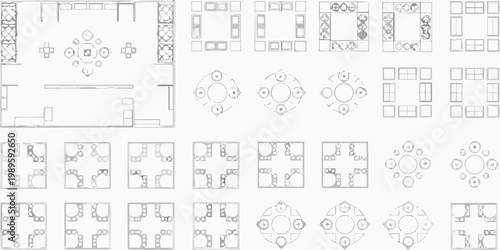 Architectural sketches displaying various table and room arrangement plans