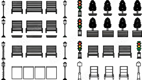 Stylized cityscape elements benches lamps trees and traffic signals