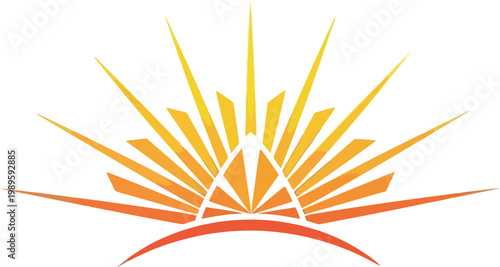 A vibrant orange and yellow sunburst logo on a white background