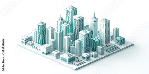 An urban 3d city skyline illustration featuring high skyscrapers and business office buildings in a modern downtown architectural panorama view