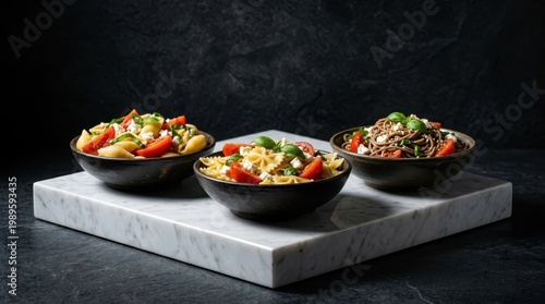 Three Vibrant Pasta Salad Bowls Displayed on a Glossy Marble Pedestal Against a Dark Moody Background