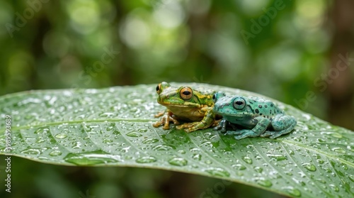 Two small green frogs sit together on a large wet leaf in a bright forest with soft blurred background.