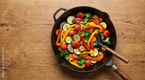 Vibrant assortment of colorful roasted vegetables fills a rustic cast iron dish set against a warm wooden surface, captured in bright natural light creating an