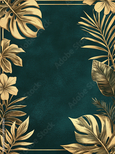 Gold tropical botanical frame border illustration 
on dark green background, luxury design concept