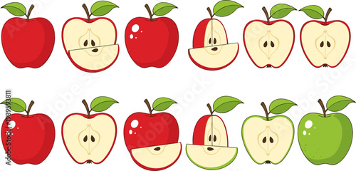 Vector Set of Red and Green Apples Sliced in Various Stages for Food, Nutrition, and Healthy Lifestyle Designs