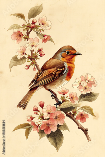 Vintage botanical illustration of robin bird on cherry blossom 
branch, natural history art concept
