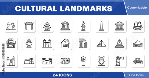 Cultural Landmarks, 24 line icons vector set. Famous global architecture, historical monuments, and travel destination symbols for web, app, and UI design.