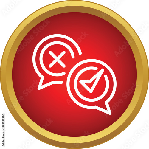 Two white speech bubbles showing a check mark and an x mark on a red background