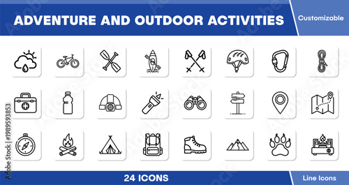 Adventure and Outdoor Activities, 24 customizable line icons vector set. Hiking, camping, and exploration themed graphic resources for web and mobile UI design.