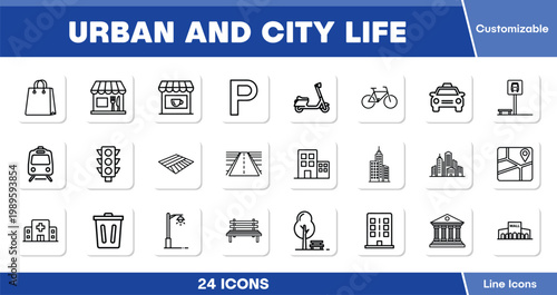 Urban and City Life, 24 customizable line icons, modern minimalist vector set for metropolitan design, city living, and urban lifestyle concepts