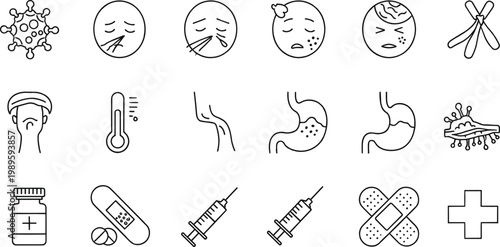 Flat medical icon vector set with vibrant health symbols and sickness symptoms for professional healthcare app design