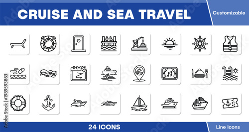 Cruise and Sea Travel vector icon set, 24 customizable line icons for ocean voyages and marine adventures, essential graphic resources for travel agencies and tourism websites.
