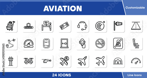 Aviation line icons, 24 customizable vector symbols for air travel and airport services. Modern flight and transportation icon set for web, app, and interface design.