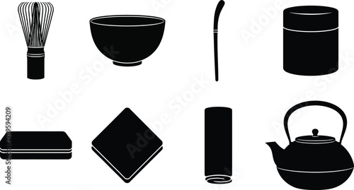 minimalist japanese tea ceremony set flat design vector illustration