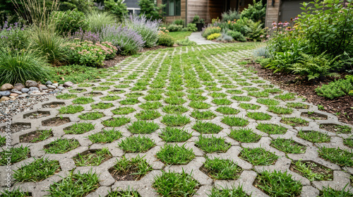 Permeable driveway with hexagonal paving and grass in landscaped garden path