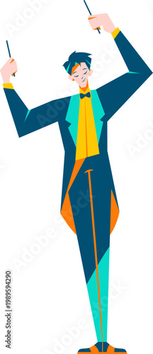 Dynamic flat design male orchestra conductor with batons wearing a vibrant blue and yellow tuxedo.