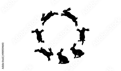 Easter bunny silhouette collection in circular layout with jumping rabbit poses for greeting card and festive design