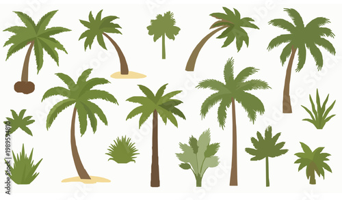 Creative tropical palm tree vector set with coconut palms and exotic island foliage for summer beach and nature design