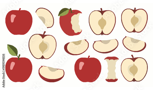 Creative apple fruit flat vector set with whole sliced and bitten core illustrations for food and nutrition design elements