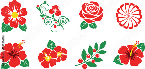 Vector Set of Red Hibiscus Flowers and Floral Designs with Green Leaves for Nature, Tropical, and Botanical Illustrations