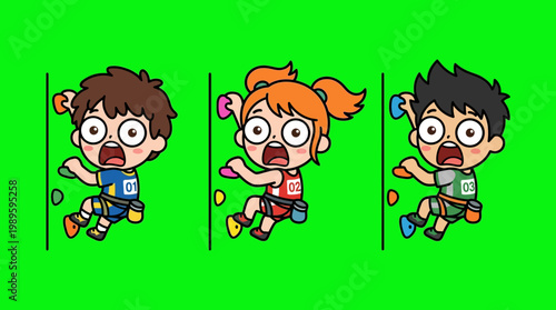 Cartoon Climbers Ascending a Wall with Expressions of Surprise and Excitment.