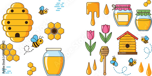 Beekeeping and Honey Icons Set with Beehive, Bees, Honeycomb, and Jars Representing Natural Sweet Product and Apiculture in Vector Illustration