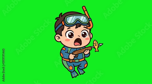 Cartoon Diver Holding Spear Gun with Fish, Ready to Dive.
