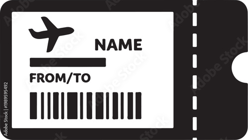 Airplane ticket, travel voucher, flight boarding pass, black and white vector