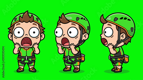 Cartoon Climbers with Shocked Expressions and Green Safety Helmets.