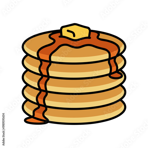 A stack of golden pancakes is topped with a pat of butter and drizzled with syrup.