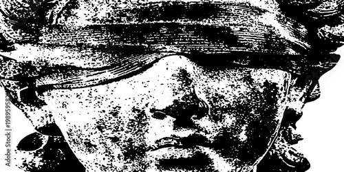 Sculpted youthful face blindfolded with speckled stone texture